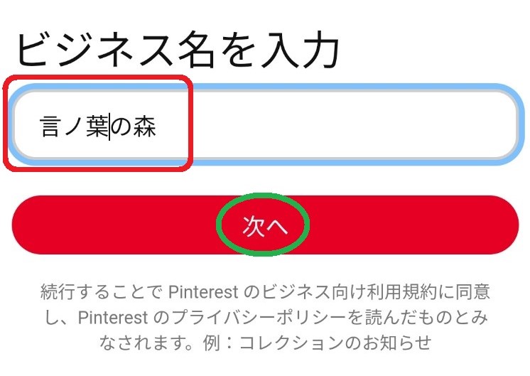 アカウント名（ビジネス運用の場合は会社名）を入力する画面